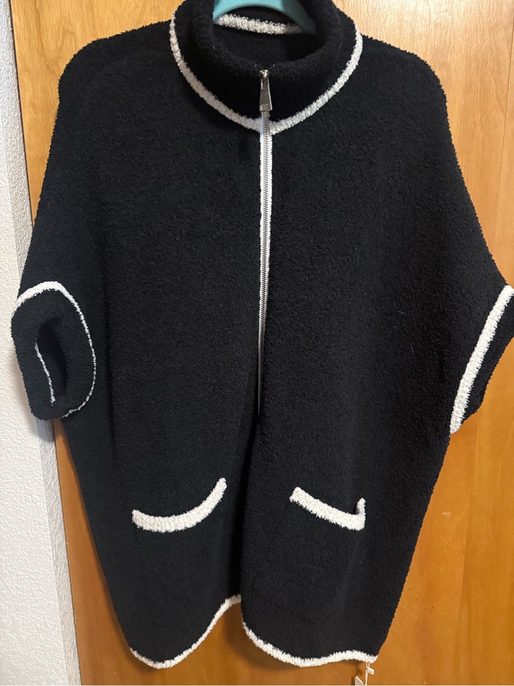 Black Bouclé Zip-Front Poncho with White Trim